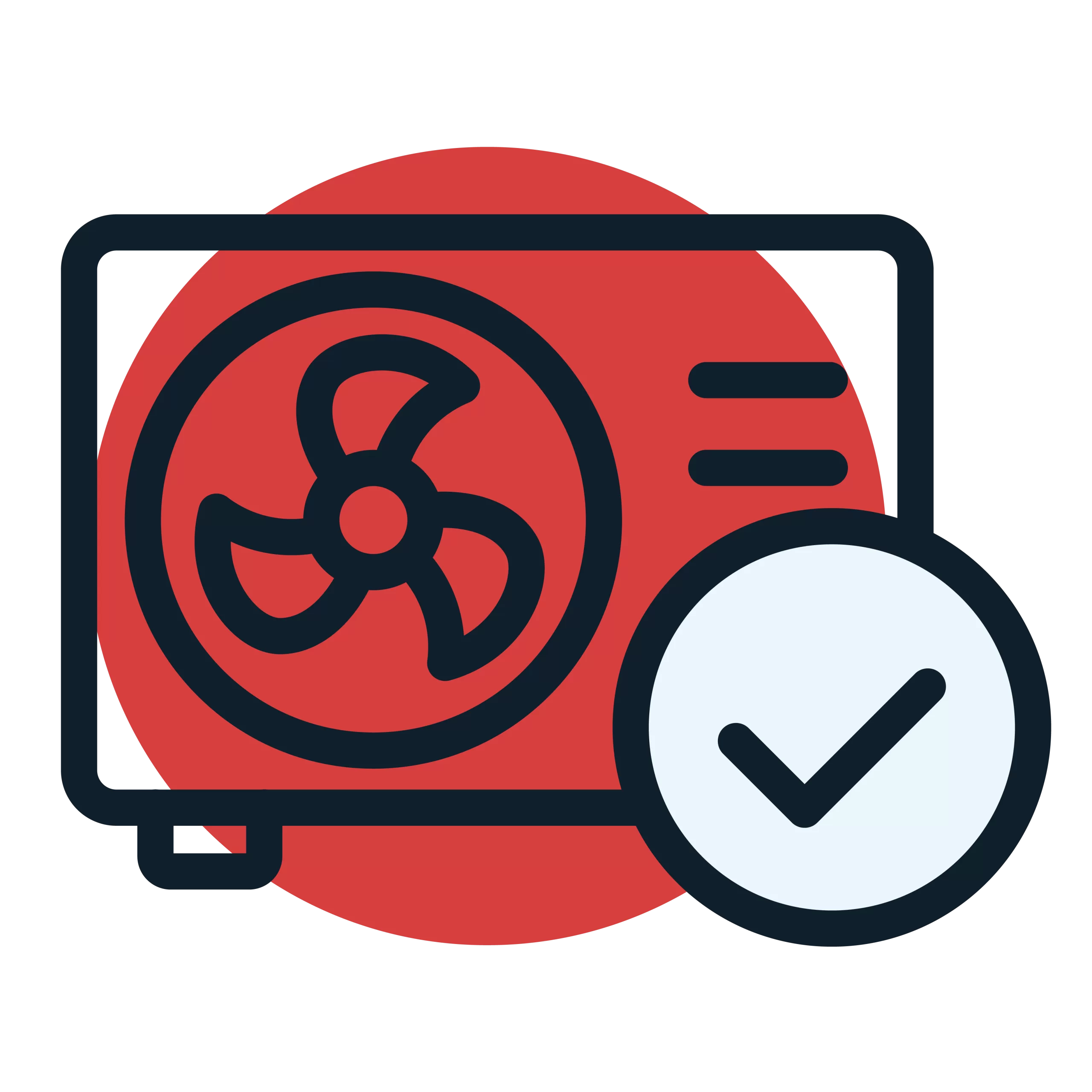 Icon of an air conditioning unit with a fan and a check mark, symbolizing approved heat pump repairs & installations, set against a red circular background.